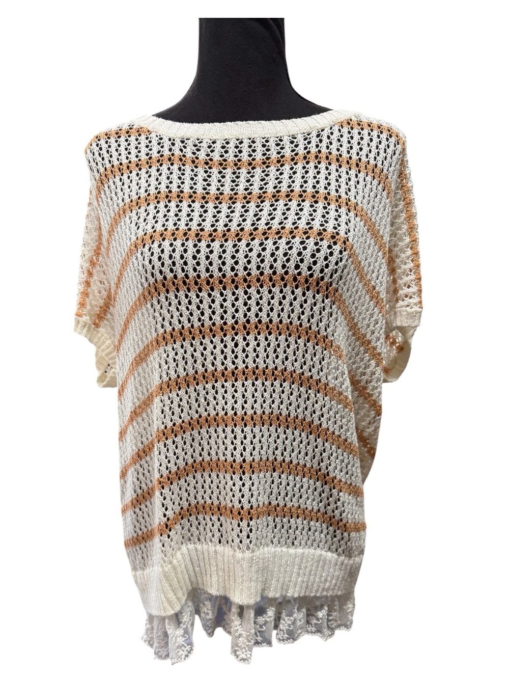 POL Cream and Tan Striped Open-Knit Women's Sweater Size Small